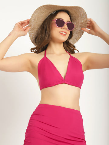 Pink Solid Halter Neck Swim Bikini Set