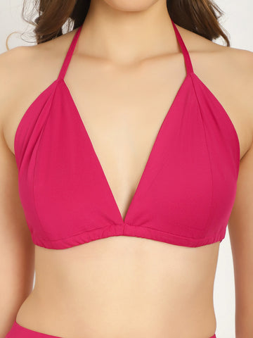Pink Solid Halter Neck Swim Bikini Set