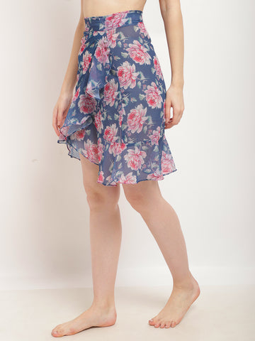 Navy Blue & Pink Floral Printed Cover-Up Skirt