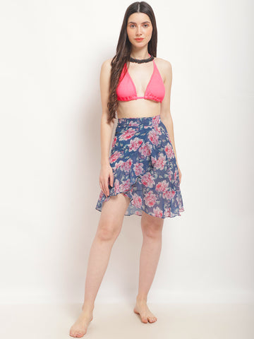 Navy Blue & Pink Floral Printed Cover-Up Skirt