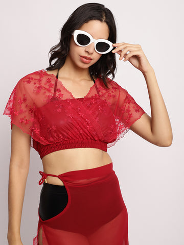 Red Sheer Crop Top and Skirt Cover-Up