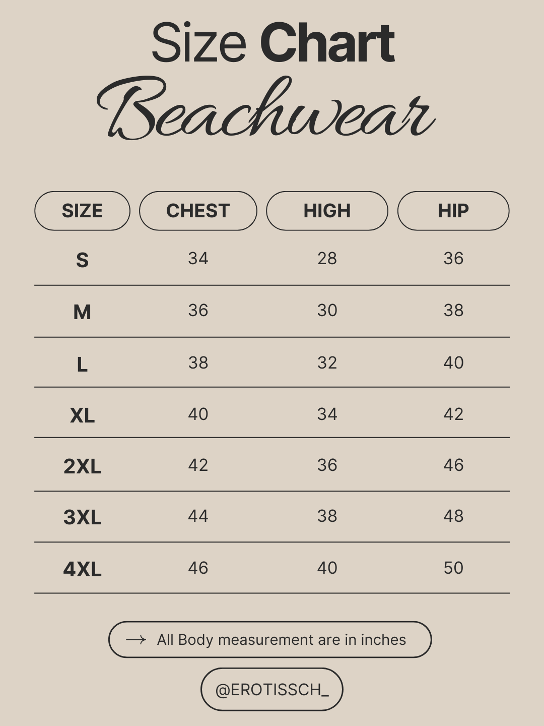 Viorel Fishtail Beachwear Set Size Chart