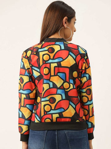 Women Orange & Blue Picasso Print Bomber Jacket - EROTISSCH by AAKAR Intimates pvt. ltd.